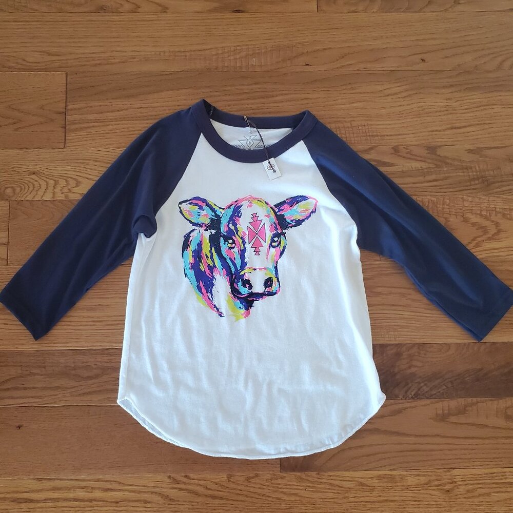 Crazy Train Cow Reglan 3/4 Sleeve Shirt Size 8 NWT